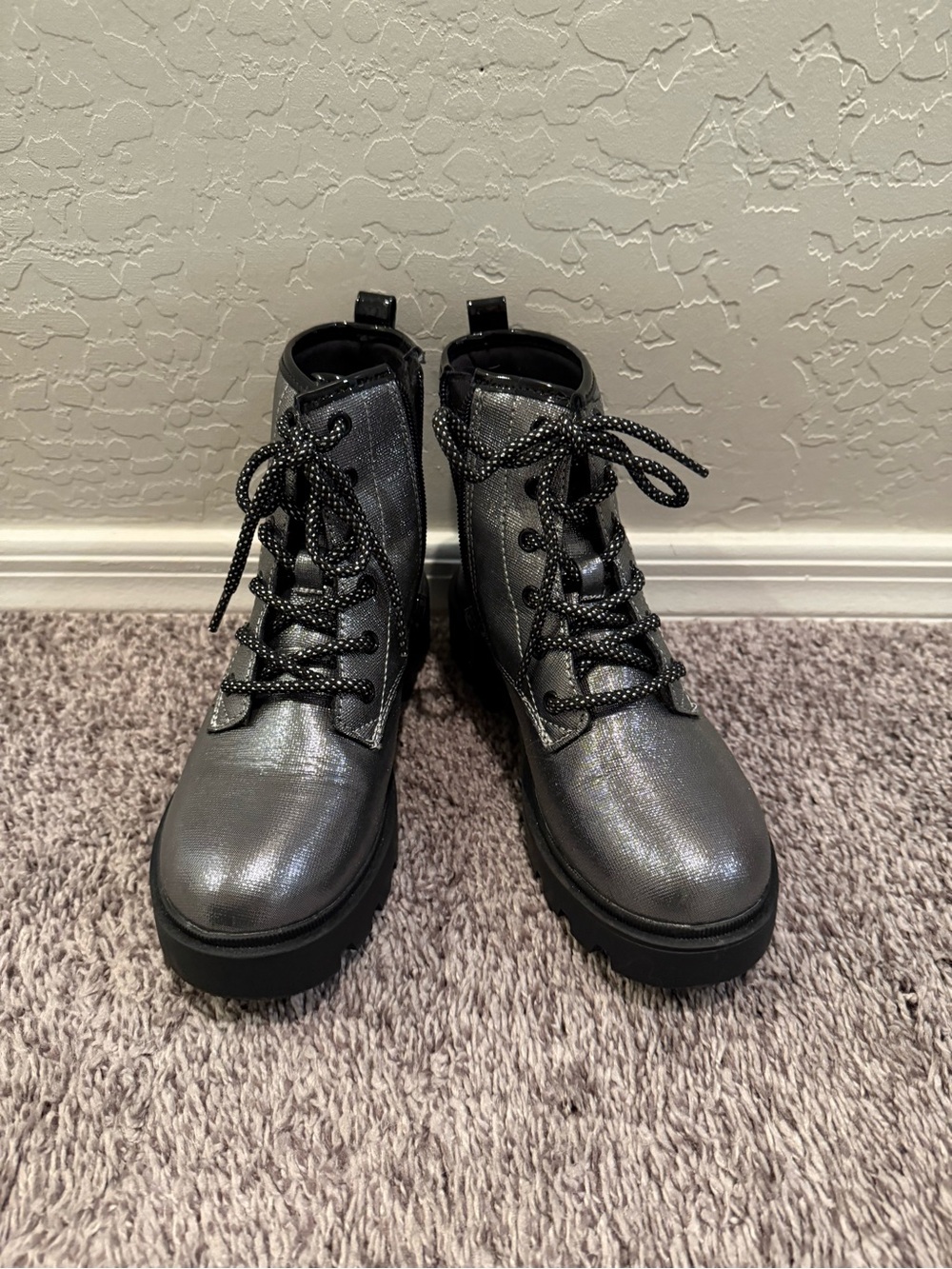 Self Esteem Metallic Gray Kids Lace-Up Combat Boots